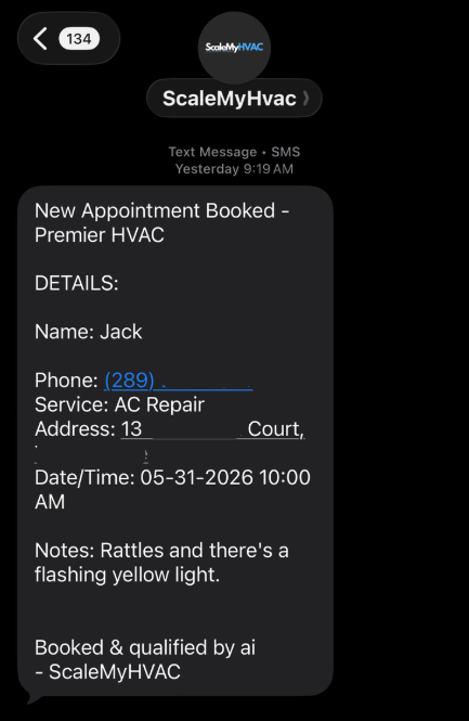 SMS notification that AI booked and qualified the appointment