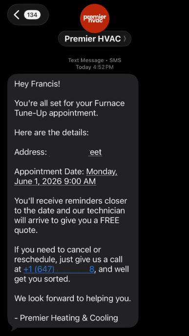 Customer receives appointment confirmation via SMS