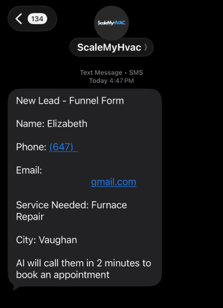 SMS notification of a new HVAC lead